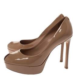 Pre Owned Louis Vuitton Beige Patent Leather LV Logo Peep Toe Platform Pumps Size 37.5