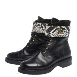 مملوكة مسبقًا حذاء بوت كاحل لوي فيتون "وندرلاند رانغر" جلد و جلد ثعبان أسود و أبيض مقاس 37