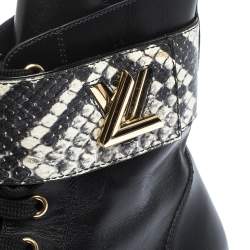 مملوكة مسبقًا حذاء بوت كاحل لوي فيتون "وندرلاند رانغر" جلد و جلد ثعبان أسود و أبيض مقاس 37