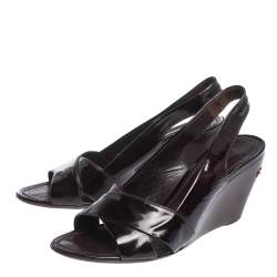 Pre Owned صندل لوي فيتون بكعب روكي و بفتحة كعب جلد لامع عنابي مقاس 37