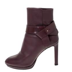 Pre Owned Louis Vuitton Burgundy Leather Belted Ankle Boots Size 41