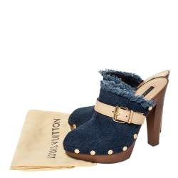 Pre Owned حذاء سلايد كلوغ لوي فيتون مرصع و مزين بإبزيم  و بنعل سميك دنيم أزرق مقاس 36.5