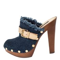 Pre Owned حذاء سلايد كلوغ لوي فيتون مرصع و مزين بإبزيم  و بنعل سميك دنيم أزرق مقاس 36.5