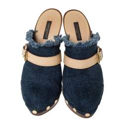 Pre Owned حذاء سلايد كلوغ لوي فيتون مرصع و مزين بإبزيم  و بنعل سميك دنيم أزرق مقاس 36.5