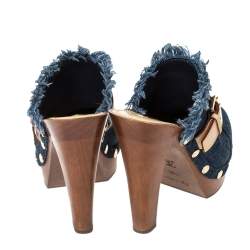 Pre Owned حذاء سلايد كلوغ لوي فيتون مرصع و مزين بإبزيم  و بنعل سميك دنيم أزرق مقاس 36.5