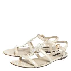 Pre Owned Louis Vuitton Offwhite Patent LV Logo Strappy Flat Sandals Size 39.5