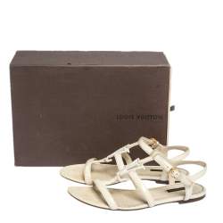 Pre Owned Louis Vuitton Offwhite Patent LV Logo Strappy Flat Sandals Size 39.5