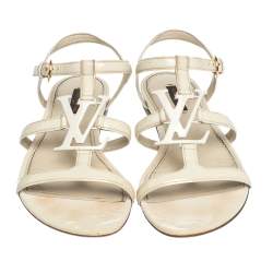 Pre Owned Louis Vuitton Offwhite Patent LV Logo Strappy Flat Sandals Size 39.5