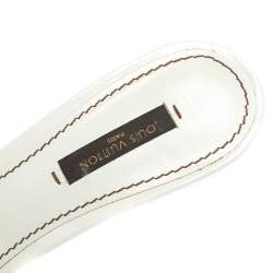 Pre Owned Louis Vuitton White Patent Leather Perforated Logo Detail Open Toe Slides Size 37.5