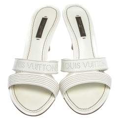 Pre Owned Louis Vuitton White Patent Leather Perforated Logo Detail Open Toe Slides Size 37.5