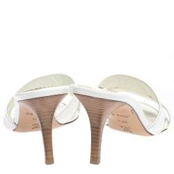 Pre Owned Louis Vuitton White Patent Leather Perforated Logo Detail Open Toe Slides Size 37.5