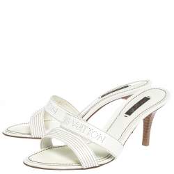Pre Owned Louis Vuitton White Patent Leather Perforated Logo Detail Open Toe Slides Size 37.5