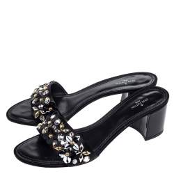 Louis Vuitton Black Satin Applique Embellished Block Heel Slide Sandals Size 39.5
