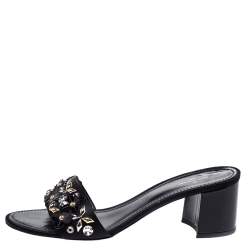 Louis Vuitton Black Satin Applique Embellished Block Heel Slide Sandals Size 39.5