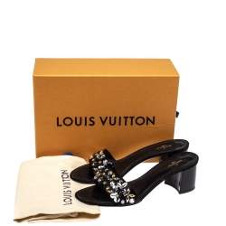 Louis Vuitton Black Satin Applique Embellished Block Heel Slide Sandals Size 39.5