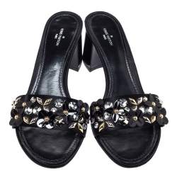 Louis Vuitton Black Satin Applique Embellished Block Heel Slide Sandals Size 39.5