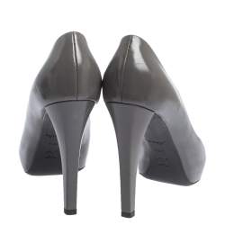 Pre Owned Louis Vuitton Grey Leather Logo Embellished Peep Toe Platform Pumps Size 38.5