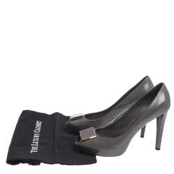 Pre Owned Louis Vuitton Grey Leather Logo Embellished Peep Toe Platform Pumps Size 38.5