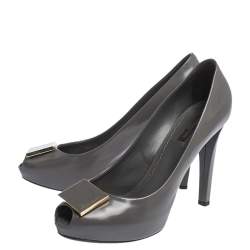 Pre Owned Louis Vuitton Grey Leather Logo Embellished Peep Toe Platform Pumps Size 38.5