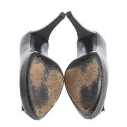 Pre Owned Louis Vuitton Grey Leather Logo Embellished Peep Toe Platform Pumps Size 38.5