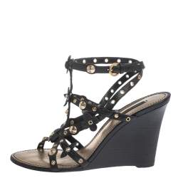 Louis Vuitton Black Suede And Gold Leather Trim Strappy Wedge Sandals Size  38.5 Louis Vuitton | The Luxury Closet