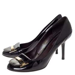 مملوكة مسبقًا حذاء كعب عالي لوي فيتون مقدمة مستديرة مزهرف بسعار الماركة جلد لامع عنابي داكن مقاس 41