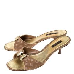 Louis Vuitton Brown Mini Lin Canvas Bow Slide Sandals Size 39
