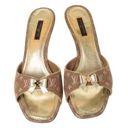 Louis Vuitton Brown Mini Lin Canvas Bow Slide Sandals Size 39