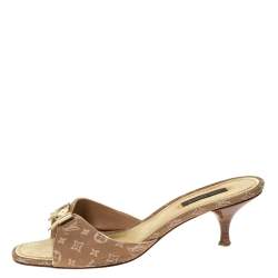 Louis Vuitton Brown Mini Lin Canvas Bow Slide Sandals Size 39