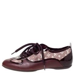Louis Vuitton Burgundy Leather And Monogram Canvas Lace Up Sneakers Size 35