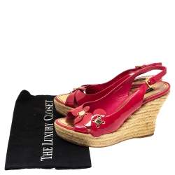 Pre Owned Louis Vuitton Pink Patent Floral Applique Wedge Espadrille Slingback Sandals Size 37