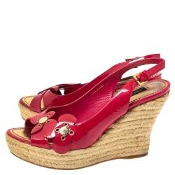 Pre Owned Louis Vuitton Pink Patent Floral Applique Wedge Espadrille Slingback Sandals Size 37