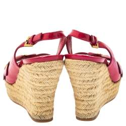 Pre Owned Louis Vuitton Pink Patent Floral Applique Wedge Espadrille Slingback Sandals Size 37