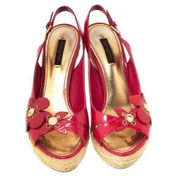 Pre Owned Louis Vuitton Pink Patent Floral Applique Wedge Espadrille Slingback Sandals Size 37