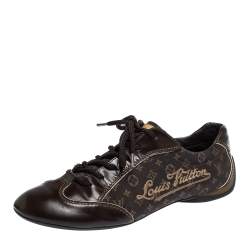 Louis Vuitton Brown Leather And Monogram Canvas Lace Up Sneakers Size 38.5