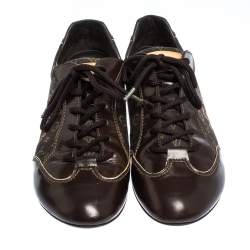 Louis Vuitton Brown Leather And Monogram Canvas Lace Up Sneakers Size 38.5