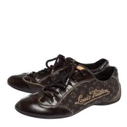 Louis Vuitton Brown Leather And Monogram Canvas Lace Up Sneakers Size 38.5