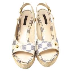 Pre Owned صندل لوي فيتون بفتحة كعب و بكعب روكي و بنعل سميك كانفاس دامييه أزرق سماوي مقاس 38