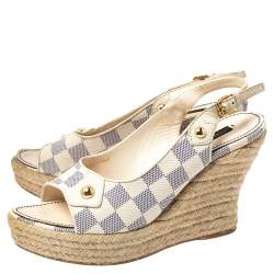 Pre Owned صندل لوي فيتون بفتحة كعب و بكعب روكي و بنعل سميك كانفاس دامييه أزرق سماوي مقاس 38