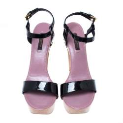 Louis Vuitton Black Patent Wooden Platform Block Heel Ankle Strap Sandals Size 36.5