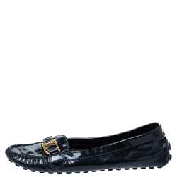 Pre Owned Louis Vuitton Black Patent Leather Logo Slip On Loafers Size 41