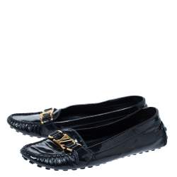 Pre Owned Louis Vuitton Black Patent Leather Logo Slip On Loafers Size 41