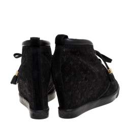 Pre Owned Louis Vuitton Black Monogram Embossed Suede And Leather Wedge Ankle Booties Size 39