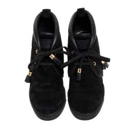 Pre Owned Louis Vuitton Black Monogram Embossed Suede And Leather Wedge Ankle Booties Size 39