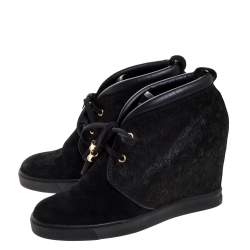 Pre Owned Louis Vuitton Black Monogram Embossed Suede And Leather Wedge Ankle Booties Size 39