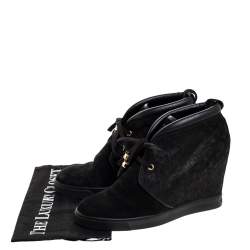 Pre Owned Louis Vuitton Black Monogram Embossed Suede And Leather Wedge Ankle Booties Size 39