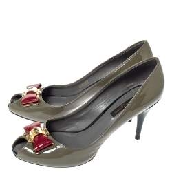 Pre Owned Louis Vuitton Grey Patent Leather Lou Peep Toe Pumps Size 37.5