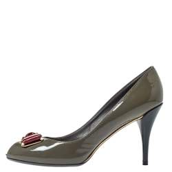 Pre Owned Louis Vuitton Grey Patent Leather Lou Peep Toe Pumps Size 37.5