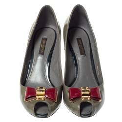 Pre Owned Louis Vuitton Grey Patent Leather Lou Peep Toe Pumps Size 37.5