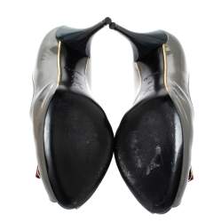 Pre Owned Louis Vuitton Grey/Green Patent Leather Lou Peep Toe Pumps Size 39